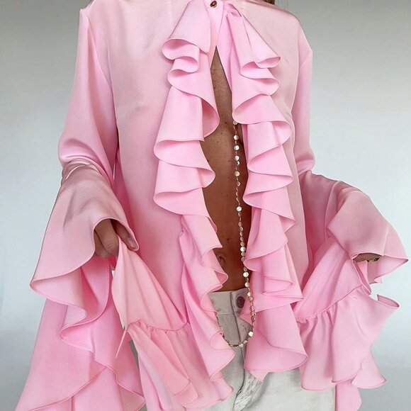 Pink Party Women's Ruffle Front & Bell Sleeves Chiffon Blouse - Picture 2 of 4